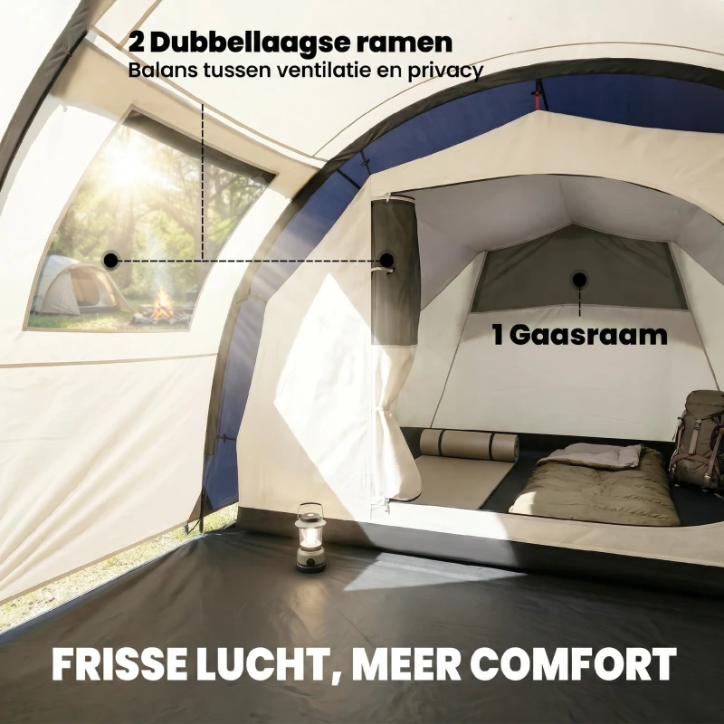 Outsunny Tunneltent 4 personen familietent met slaap- en woongedeelte, ramen, grondzeil, stahoogte, 3000 mm waterkolom