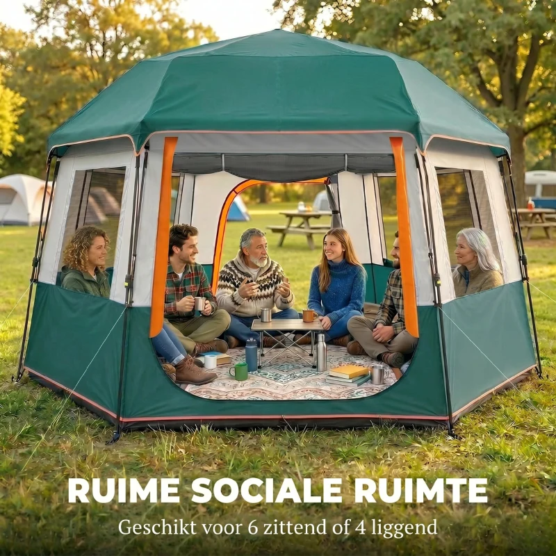 Outsunny Kampeertent voor 4-6 personen, stabiele waterdichte familietent met afneembaar dak, UV30+ bescherming, groen