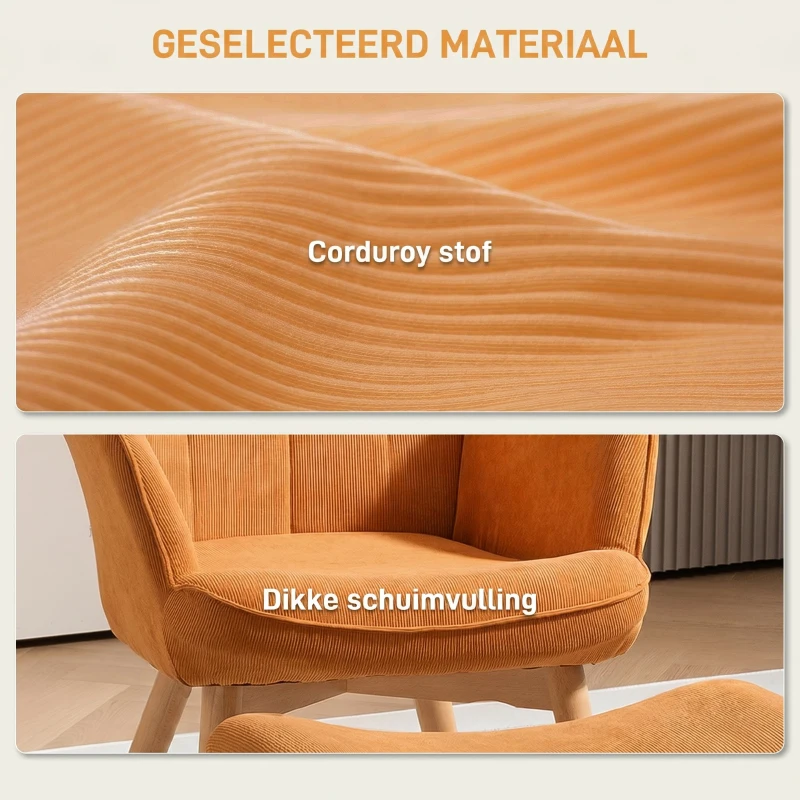HOMCOM Accentstoel met Kruk, Relaxstoel in Corduroy-Look, Stoel met Armleuningen en Houten Poten, voor Woonkamer, Bruin(m-4)