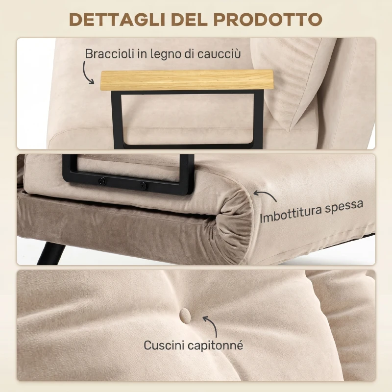 HOMCOM Divano Letto 3 in 1 in Tessuto Effetto Velluto con Schienale Regolabile e 2 Cuscini, 102x73x81 cm, Beige