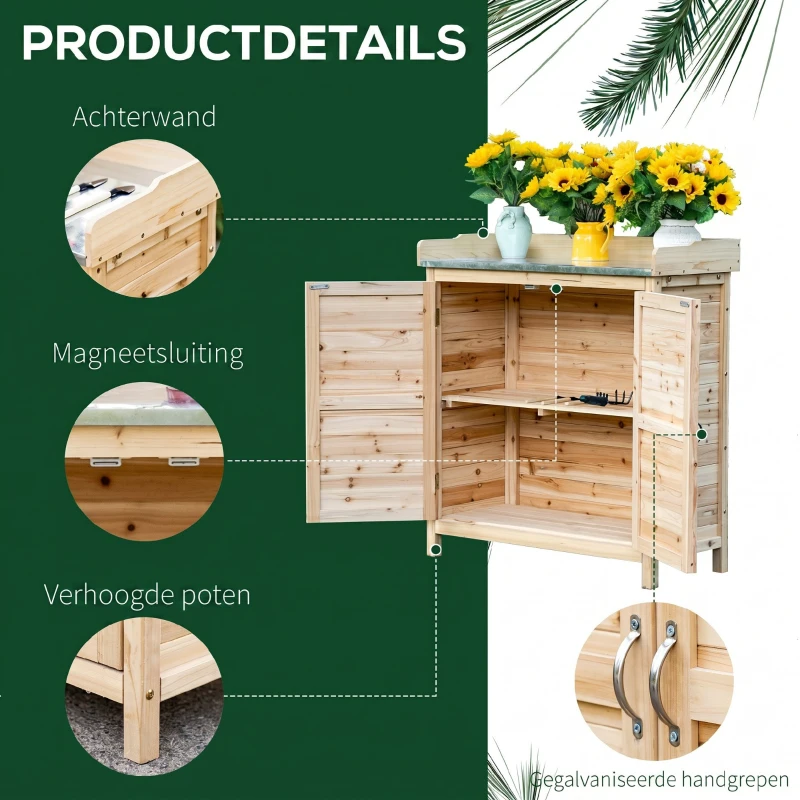 Outsunny tuinkast houten apparatuur kast kast met 2 planken nature