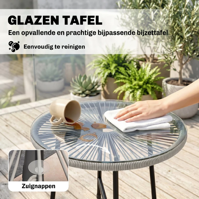Outsunny 3-Delig Outdoor Meubelset, 1 Tafel, 2 Stoelen, Rotan Vlecht, Stalen Frame, Koffietafel Met Glazen Blad, Donkergrijs