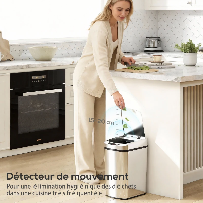 HOMCOM Poubelle de cuisine automatique 12 L en acier inoxydable, poubelle à capteur avec couvercle, 28 x 22 x 41 cm, argent