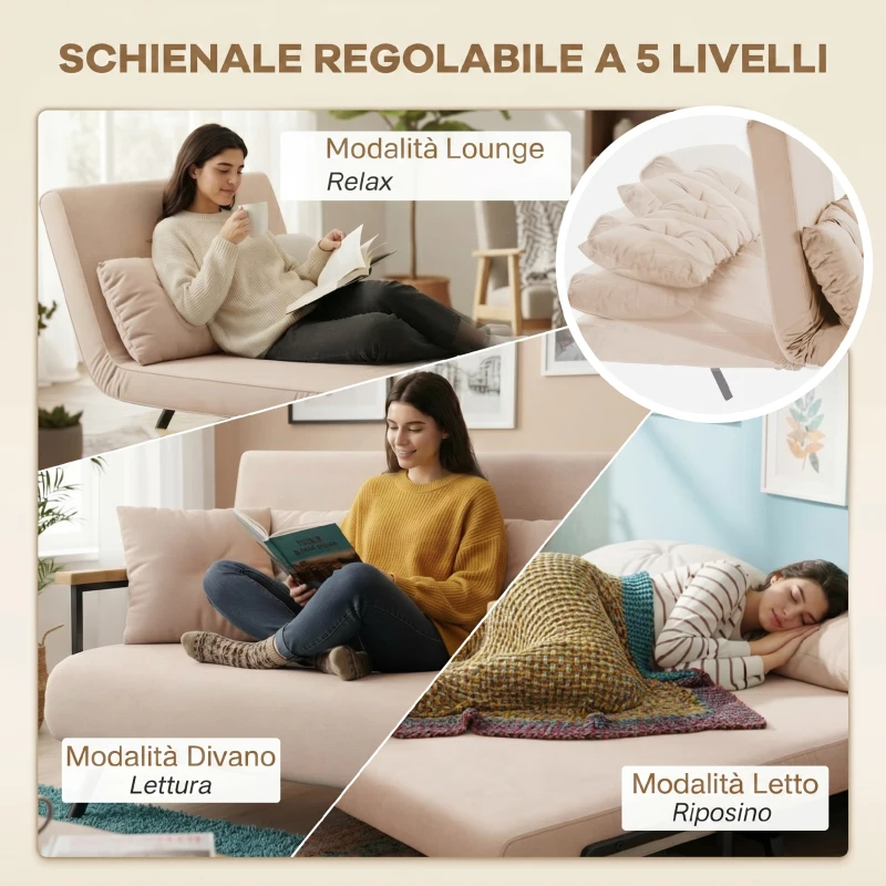 HOMCOM Divano Letto 3 in 1 in Tessuto Effetto Velluto con Schienale Regolabile e 2 Cuscini, 102x73x81 cm, Beige