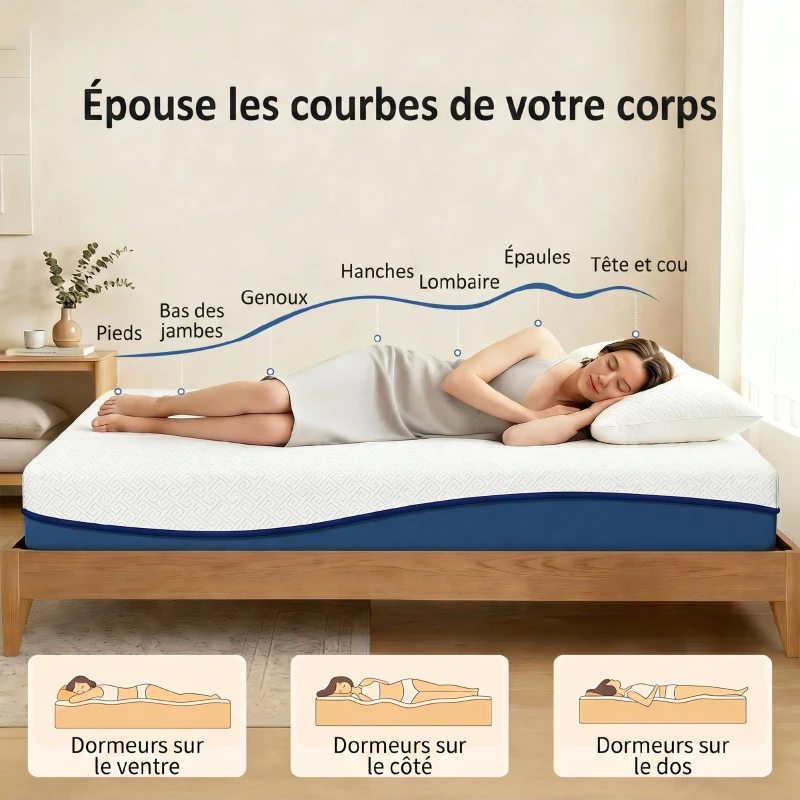 HOMCOM Matelas 140x190cm, matelas 2 personnes, mousse à mémoire de forme au thé vert, housse amovible lavable, fermeté moyenne