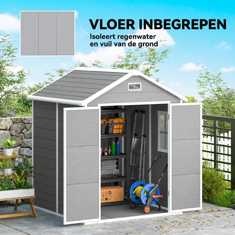 Outsunny Tuinschuur, Gereedschapsschuur met Bodem, Afsluitbare Deuren, Ventilatieopeningen, Venster, Houtlook, Kunststof, Grijs