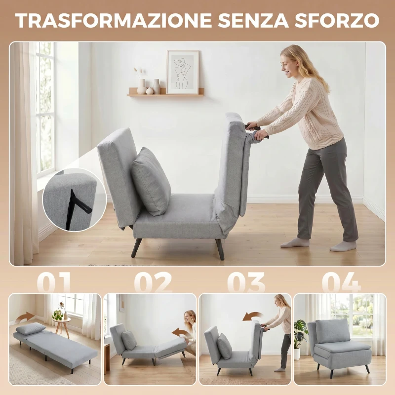 HOMCOM Poltrona Letto con Schienale Regolabile 3 Posizioni e Cuscino Sfoderabile, Tessuto Effetto Lino, Grigio Chiaro