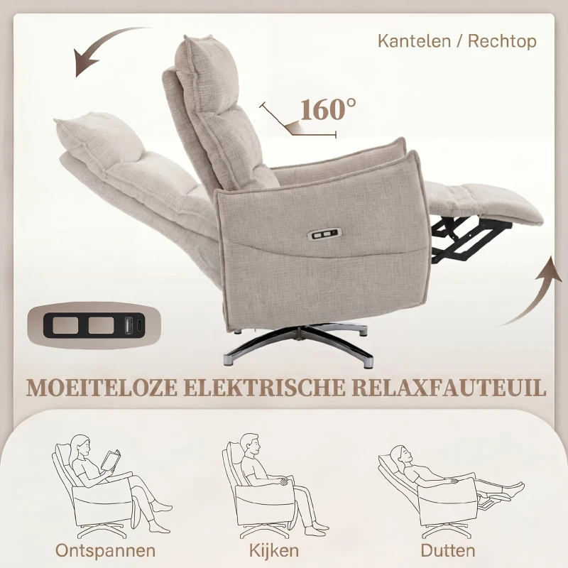 HOMCOM Draaibare Elektrische Relaxstoel voor Volwassenen, Stoel in Linnenlook met Oplaadpoorten, Beige