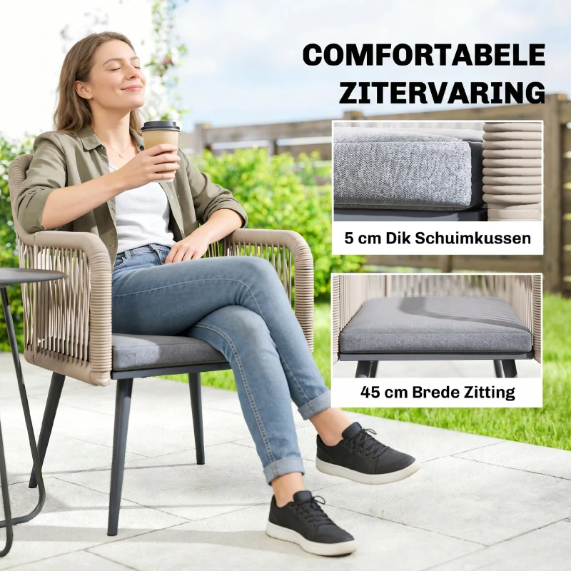 Outsunny Tuinstoel 2-delige set weerbestendig tuinstoelen met armleuning zitkussen metalen frame tot 120 kg draagbaar Lichtgrijs