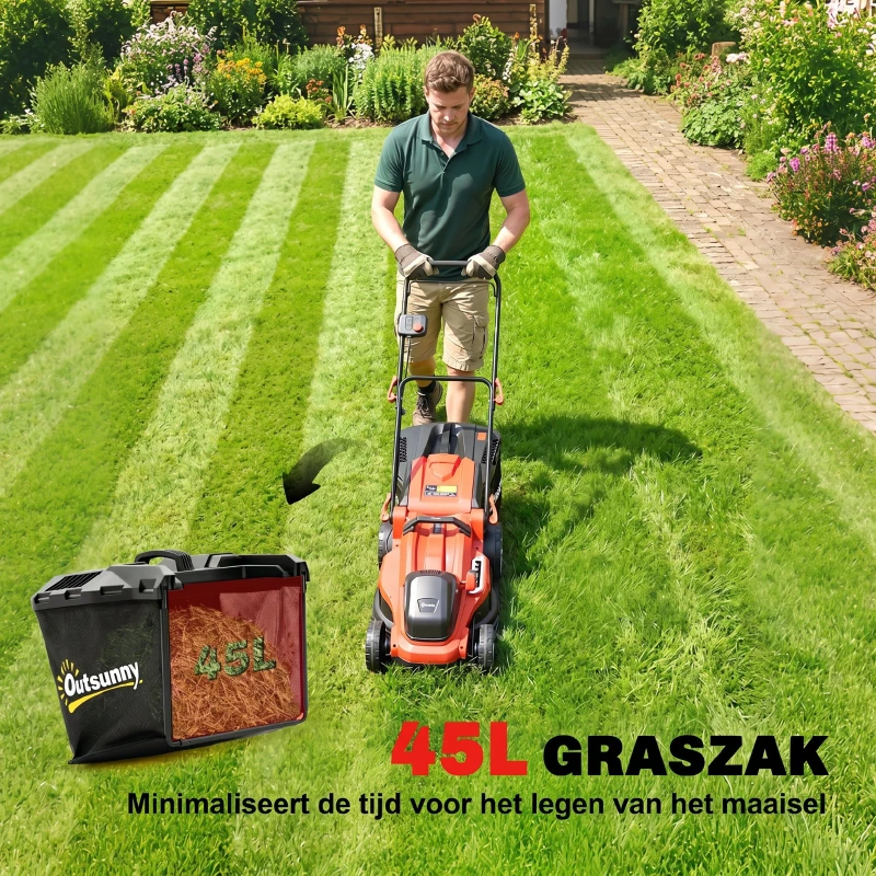 Outsunny Elektrische Grasmaaier 800 W met 40 cm Snijbreedte 45L Vangbak Accu-indicator Overbelastingsbeveiliging 7 Maaihoogtes