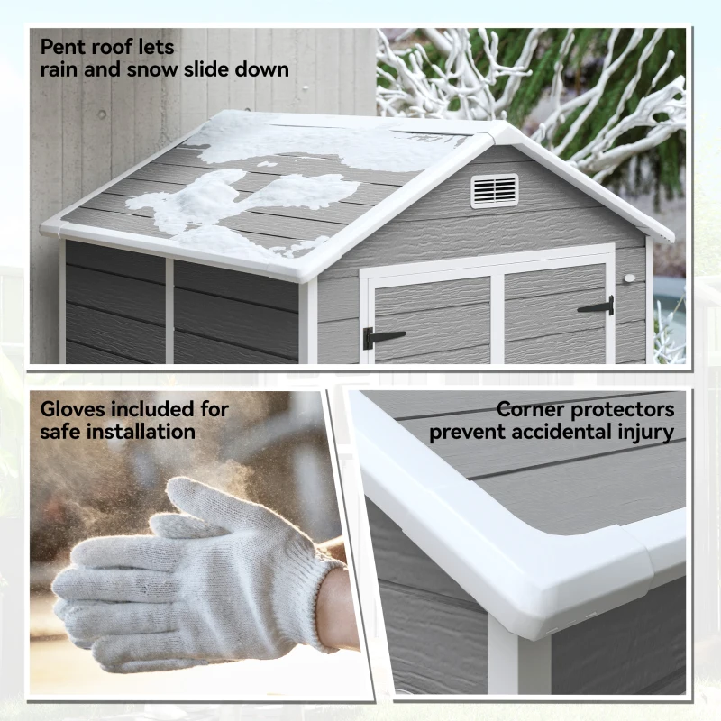 Outsunny Tuinschuur, Gereedschapsschuur met Bodem, Afsluitbare Deuren, Ventilatieopeningen, Venster, Houtlook, Kunststof, Grijs