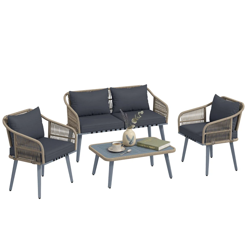 Outsunny 4 Piece Rattan Garden Furniture Set with Loveseat, Wicker Patio Conversation Set, Grey