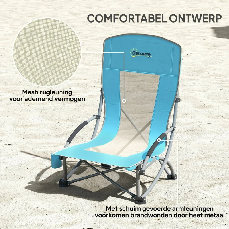 Outsunny 2-Delige Set Opvouwbare Campingstoelen met Drankhouder en Netstof Rugleuning tot 120 kg - Blauw