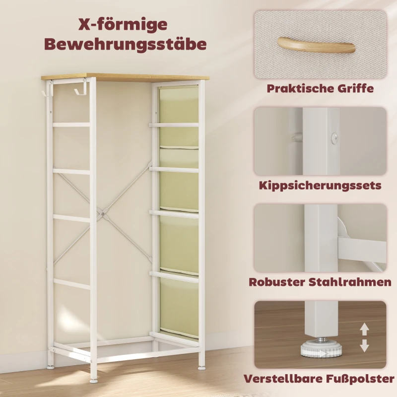 HOMCOM Schlafzimmer-Kommode mit 5 Stoffschubladen, Stahlstreben, Holzoberfläche, 4 Aufbewahrungstaschen, 2 Haken, Beige