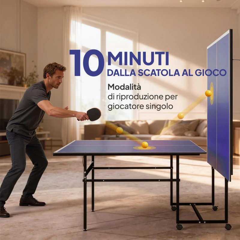 SPORTNOW Tavolo da Ping Pong Pieghevole per Interni con Ruote Girevoli, Rete, Racchette e Palline, Blu