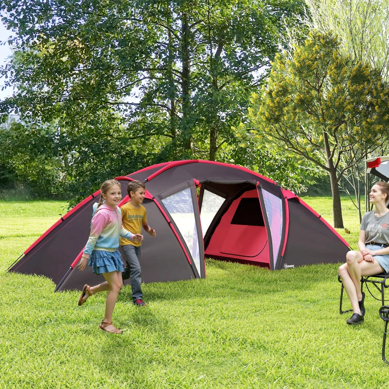 Outsunny Tenda a tunnel per 4-6 persone con 3 ambienti e doppie porte, Grigio