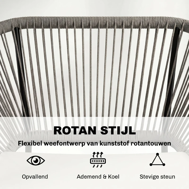 Outsunny 3-Delig Outdoor Meubelset, 1 Tafel, 2 Stoelen, Rotan Vlecht, Stalen Frame, Koffietafel Met Glazen Blad, Donkergrijs