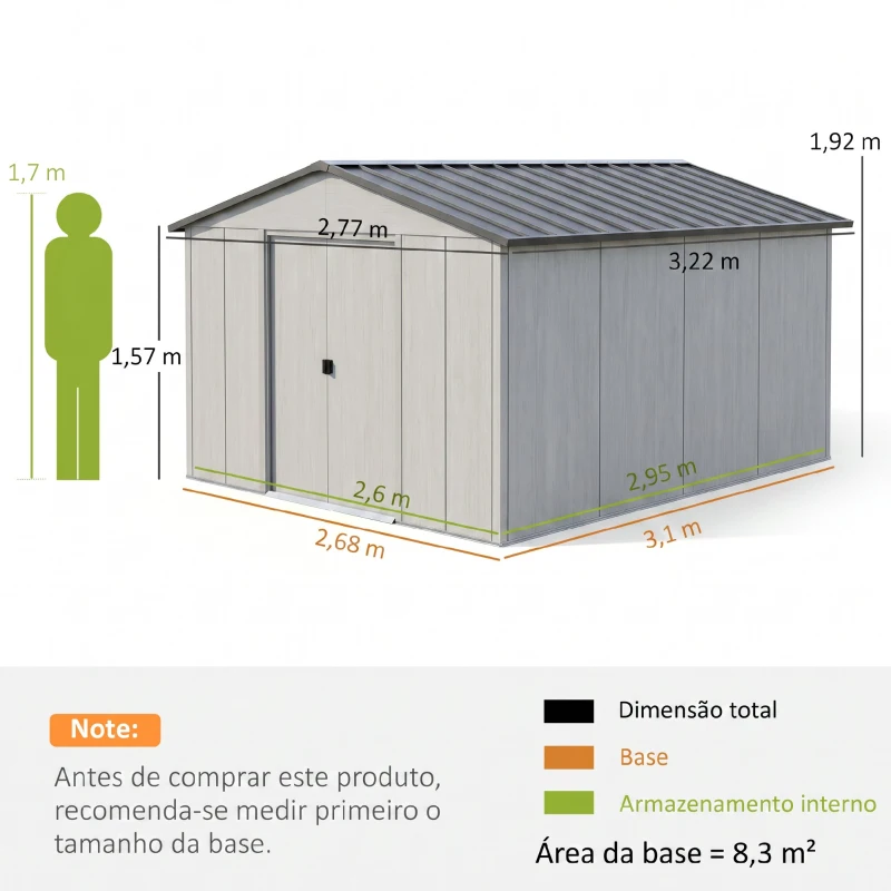 Outsunny Abrigo de Jardim Metálico para Armazenamento de Ferramentas com Base de Reforço Incluída e 4 Janelas 277x322x192 cm Cinza Escuro