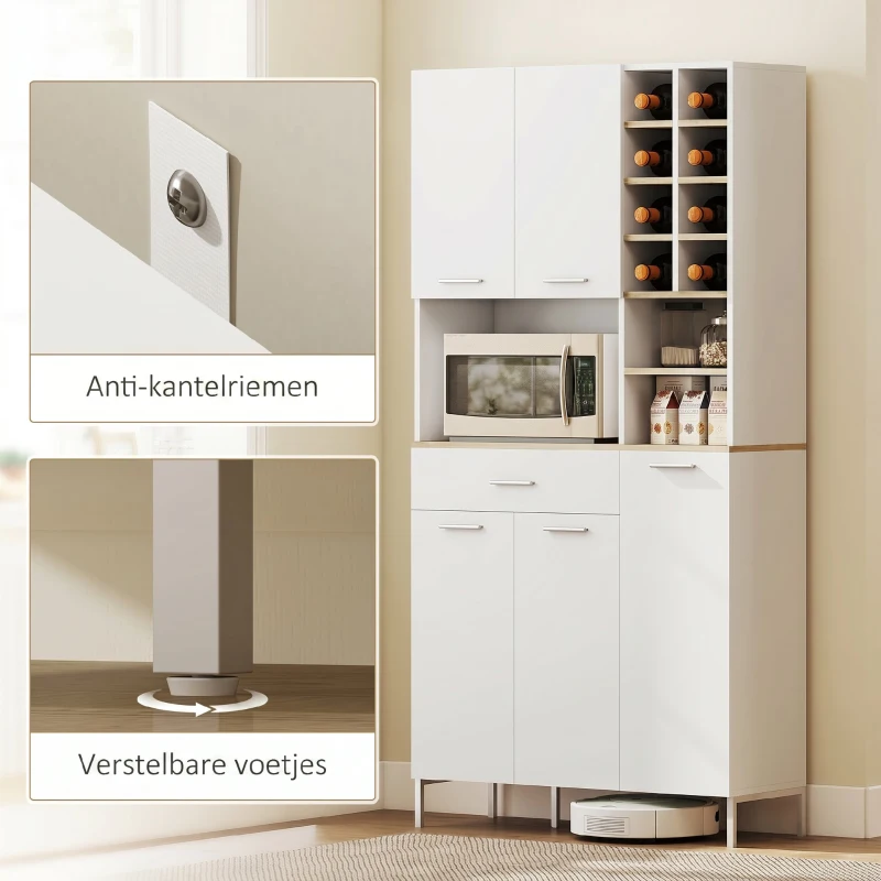 HOMCOM Keukenkast met open schappen, vakken, wijnrek, voorraadkast met 5 kastdeuren, MDF, Wit(m-6)