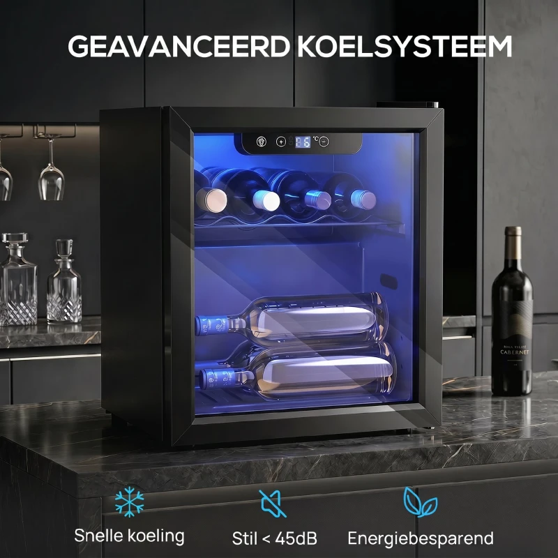 HOMCOM Wijnkoeler voor 12 flessen, 36 L capaciteit, 4–16°C, onderbouw drankkoelkast voor wijn en bier, met glazen deur, LED-verlichting