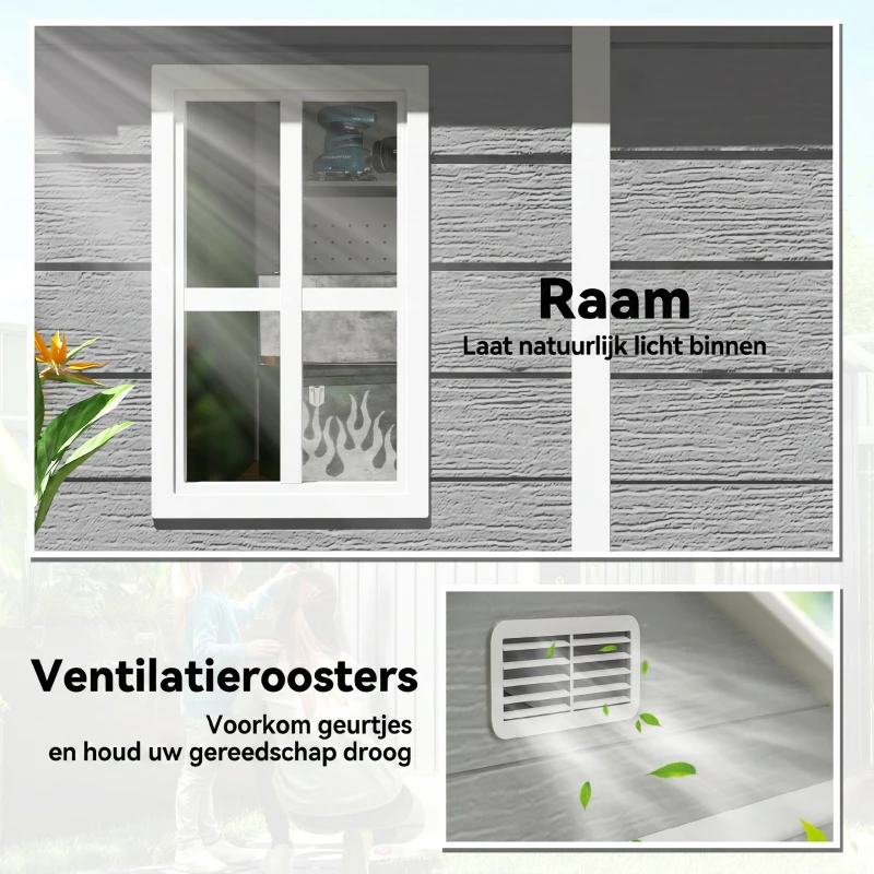 Outsunny Tuinschuur, Gereedschapsschuur met Bodem, Afsluitbare Deuren, Ventilatieopeningen, Venster, Houtlook, Kunststof, Grijs