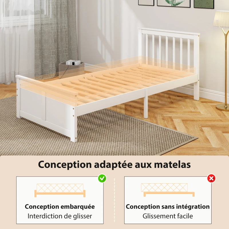 HOMCOM Cadre de Lit 90x190cm en Bois Massif,  2 Tiroirs sur Roulettes, Tête de Lit, Pied de Lit, Sommier à Lattes, Blanc