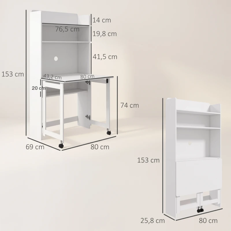 HOMCOM Bureau informatique avec étagères de rangement plateau rabattable 2 roulettes pour chambre salon 80 x 69 x 155 cm blanc