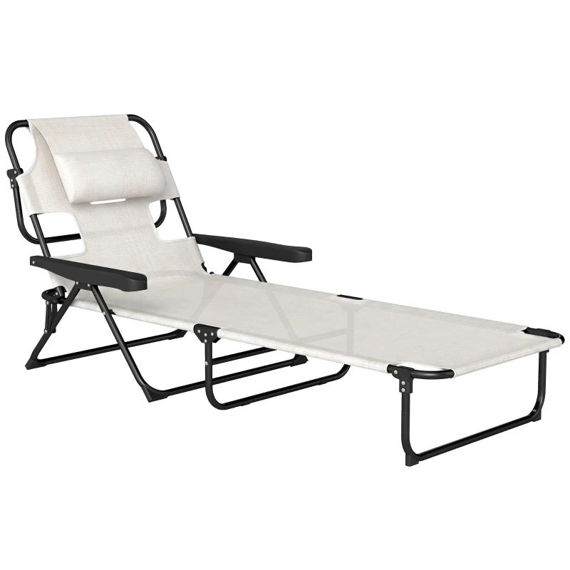 Outsunny Chaise longue de jardin pliante dossier réglable sur 4 niveaux, trou de lecture et appui-tête 72 x 194 x 89 cm crème