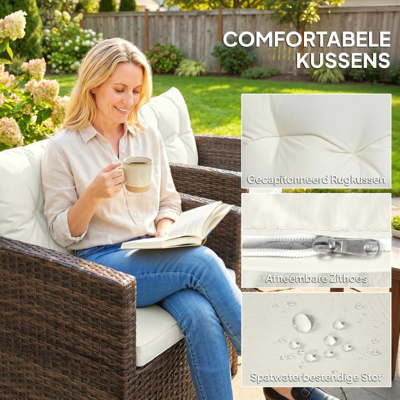 Outsunny Rattan bistroset, 3-delig tuinmeubelset met 2 stoelen, glazen tafel met 2 niveaus, afneembare kussens, crème