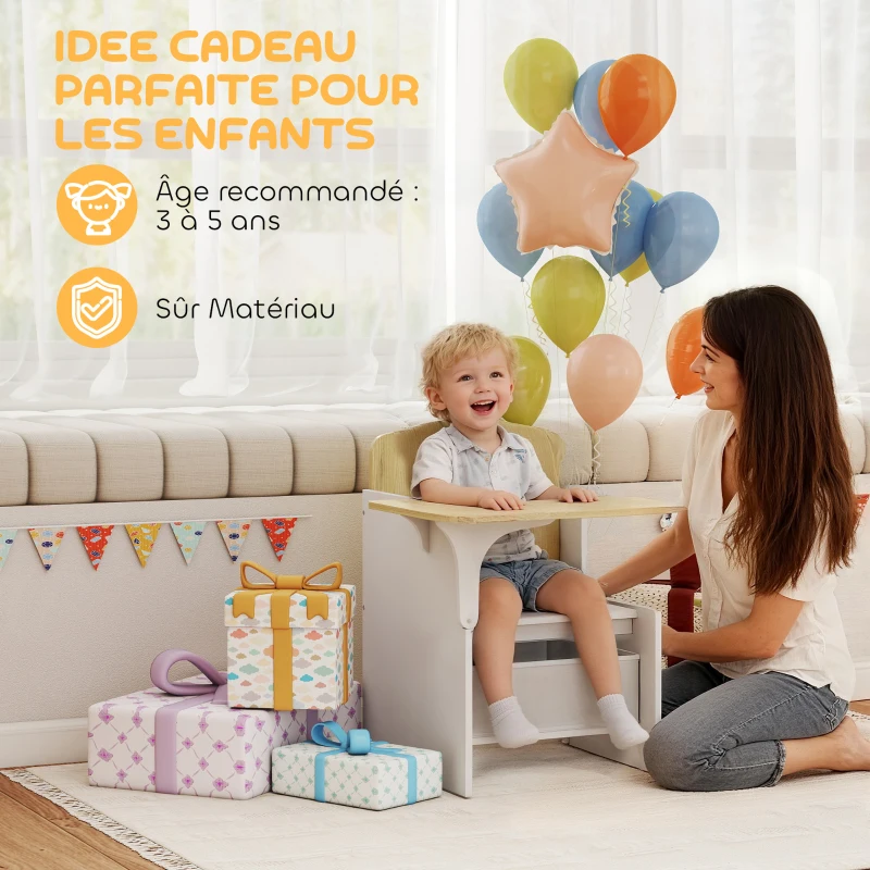 AIYAPLAY Bureau et chaise pour enfants avec bac de rangement, ensemble table d'activité 2-en-1 pour dessin lecture et jeux, blanc
