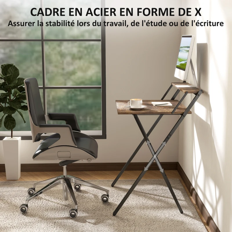 HOMCOM Bureau pliable 65,5 x 45 cm avec étagère de rangement pour chambre, petits espaces, brun rustique