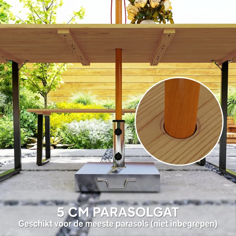 Outsunny 3-delige houten zitgroep voor 6 personen met eettafel en 2 banken, parasolgat, 178 x 76 x 77 cm, natuurlijk hout