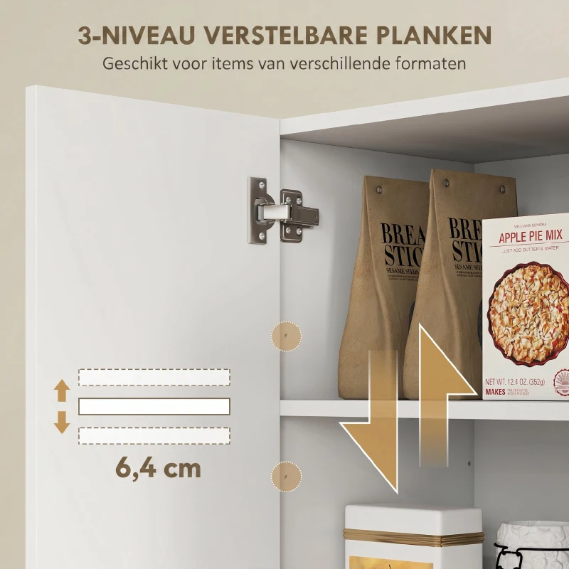 HOMCOM Keukenkast met open schappen, vakken, wijnrek, voorraadkast met 5 kastdeuren, MDF, Wit(m-5)