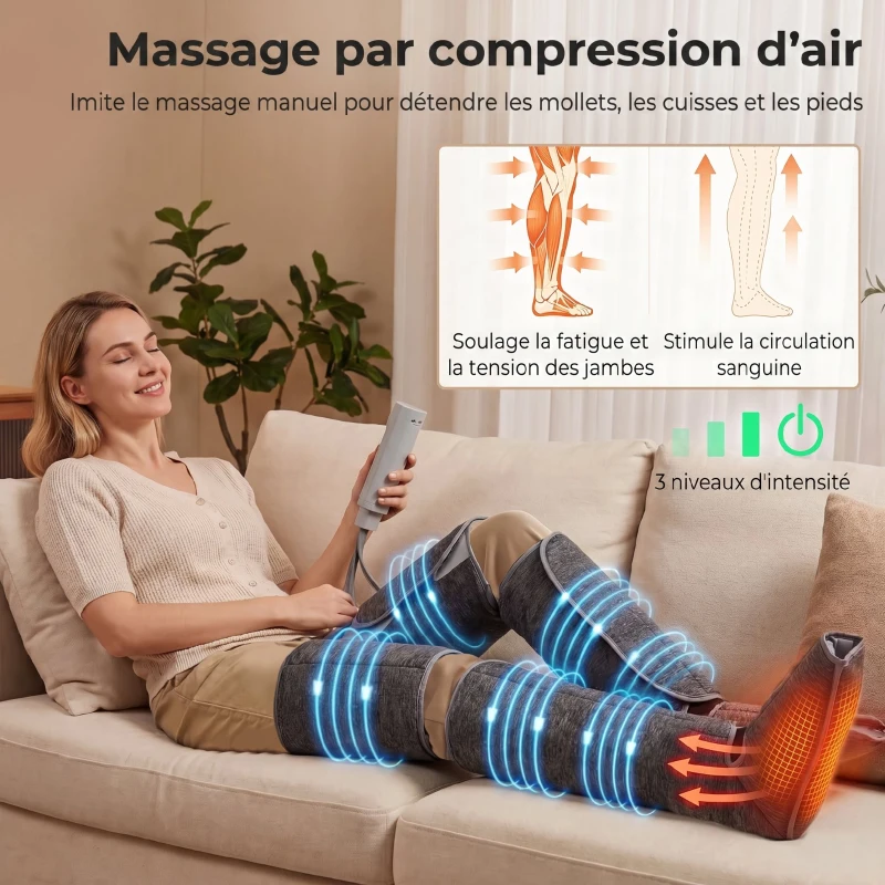 HOMCOM Masseur de jambes, masseur de compression pour les mollets, les genoux, les pieds avec chaleur, 3 modes automatiques