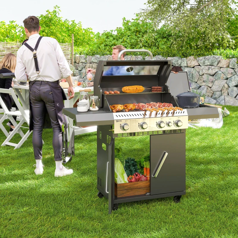 Outsunny Gasgrill 12 KW Grillwagen met 5 Branders, Zijkoker, Deksel, Thermometer, Zijplanken 135 x 54 x 110 cm