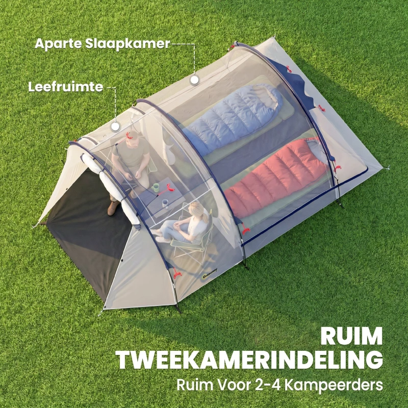 Outsunny Tunneltent 4 personen familietent met slaap- en woongedeelte, ramen, grondzeil, stahoogte, 3000 mm waterkolom