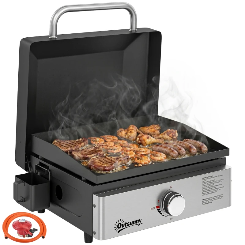 Outsunny Grill Griddle, Portable Gas Plancha, 3.5 kW, Tabletop Gas BBQ with Grease Cup for Camping Picnic Patios, Black
