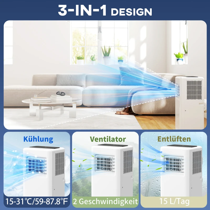 HOMCOM Mobile Klimaanlage, verschiedene Einstellungen, LED-Display, Timer, Räder, Weiß
