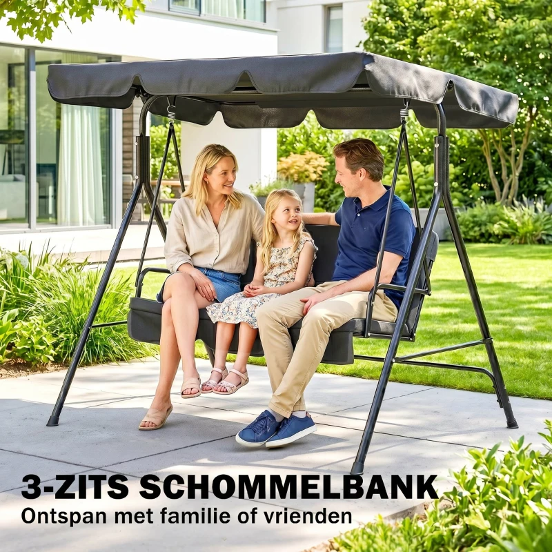 Outsunny 3-zits Hollywoodschommel Tuinligbed Schommelbank, weerbestendig, 172 cm x 110 cm x 153 cm, Zwart