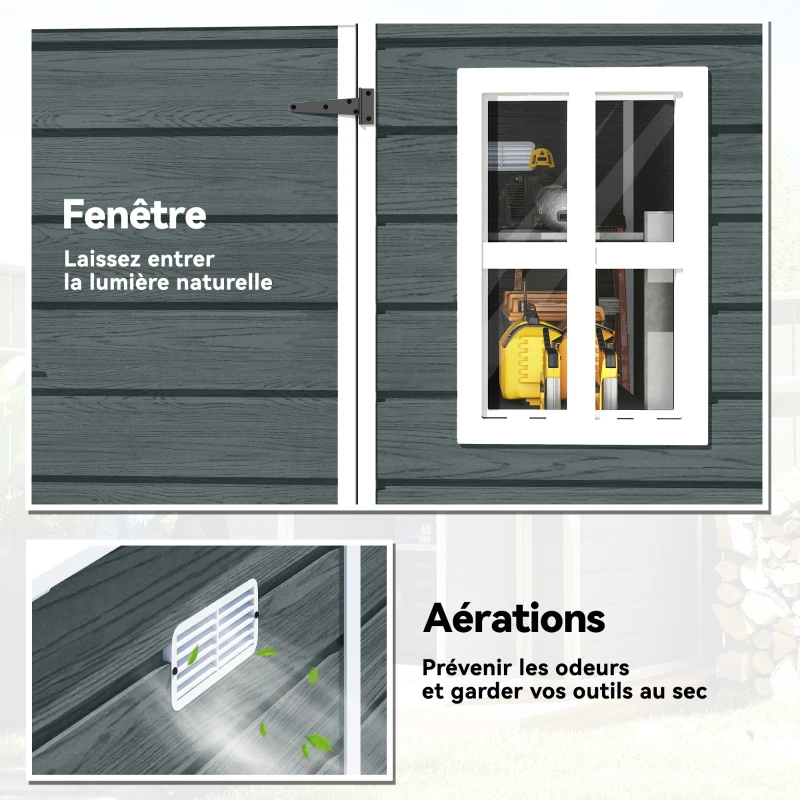 Outsunny Abri de Jardin Cabanon de Stockage Plancher Structure Aluminium 3 Fenêtres 2 Aérations 182x182x183cm Gris Effet Bois