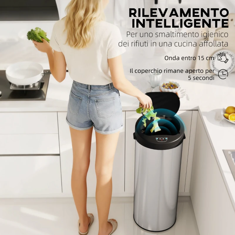 HOMCOM Bidone per Rifiuti da 55L con Sensore per Apertura Automatica e Chiusura Ammortizzata, 32x30x72.5 cm, Argento