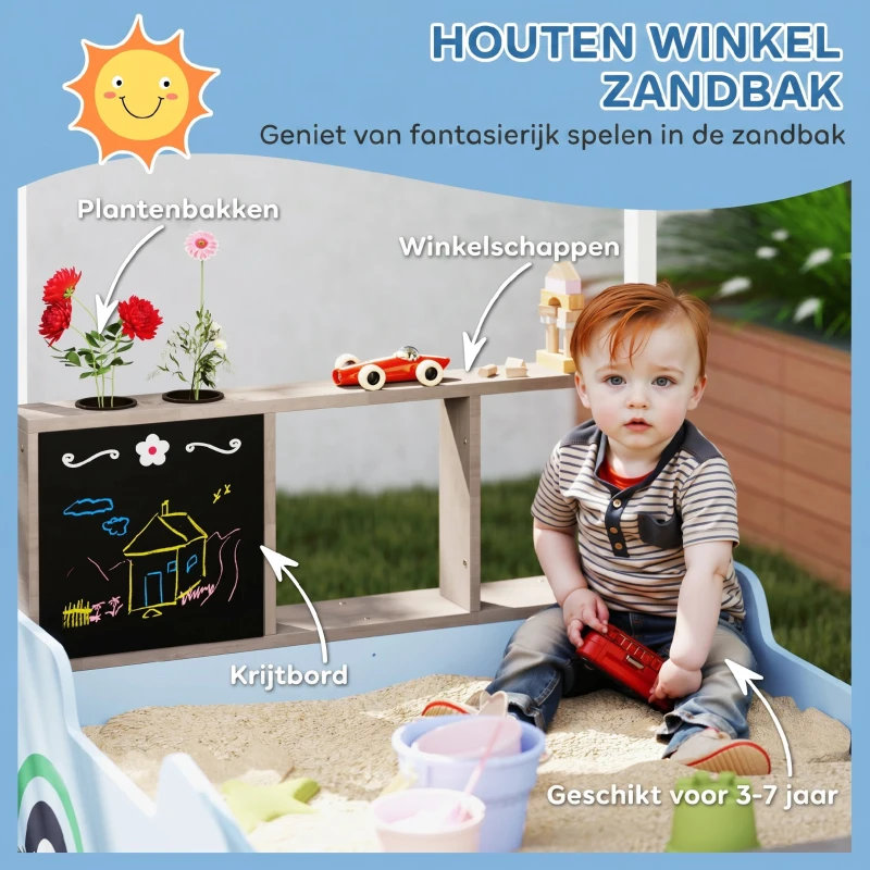 AIYAPLAY Zandbak met Voordak, Ontwerp van Een Kruidenierswinkel, Zitbank, Tekentafel, Sparrenhout, 104H x 108L x 90B cm, Blauw