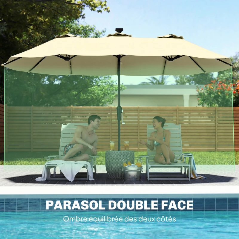 Outsunny Parasol de Jardin Double 36 LED Solaires Rectangulaire UPF 50+ Structure à 12 Baleines avec Manivelle 395x215cm Beige
