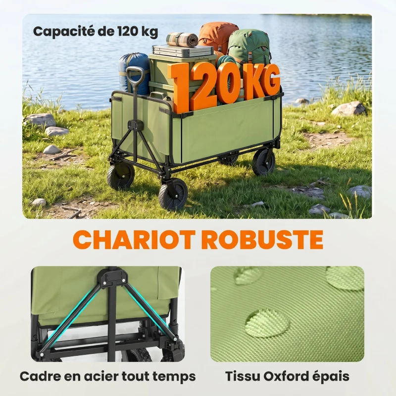 Outsunny Chariot de jardin pliable 130 L chariot de transport sac amovible poignée télescopique rotative 90 x 50 x 60 cm noir