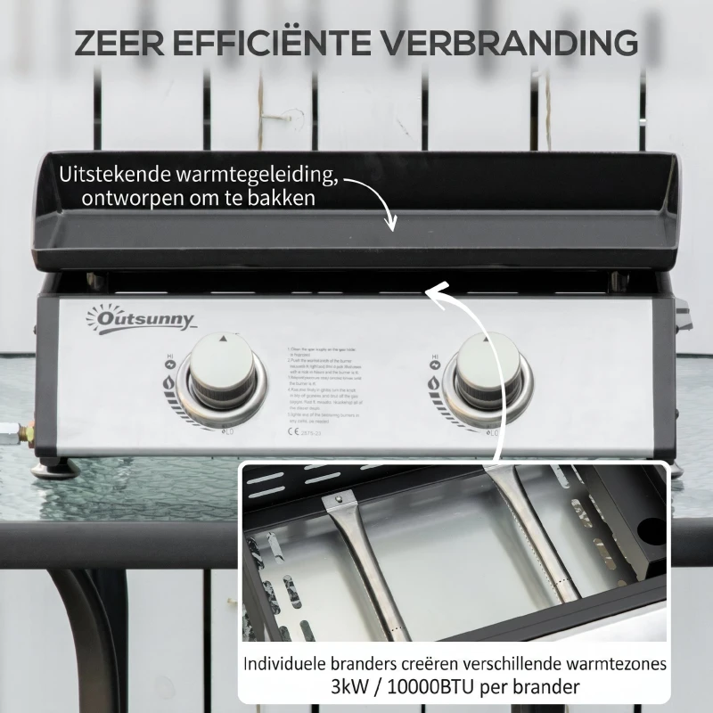 Outsunny tafelgrill gasgrill BBQ met 2 branders, tafelgasgrill met slang
