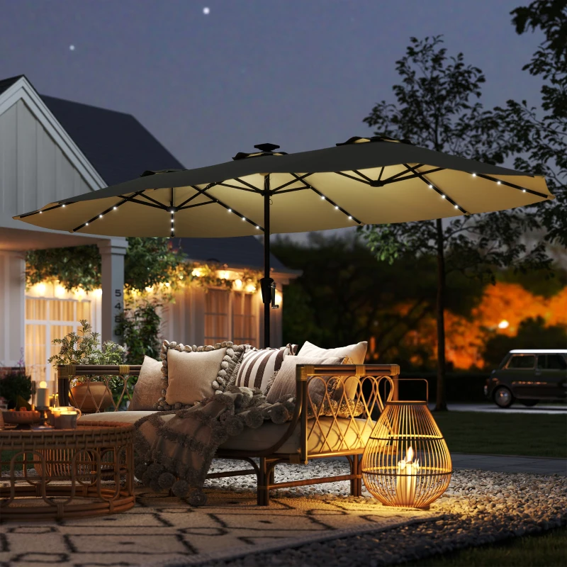 Outsunny Parasol de Jardin Double 36 LED Solaires Rectangulaire UPF 50+ Structure à 12 Baleines avec Manivelle 395x215cm Beige