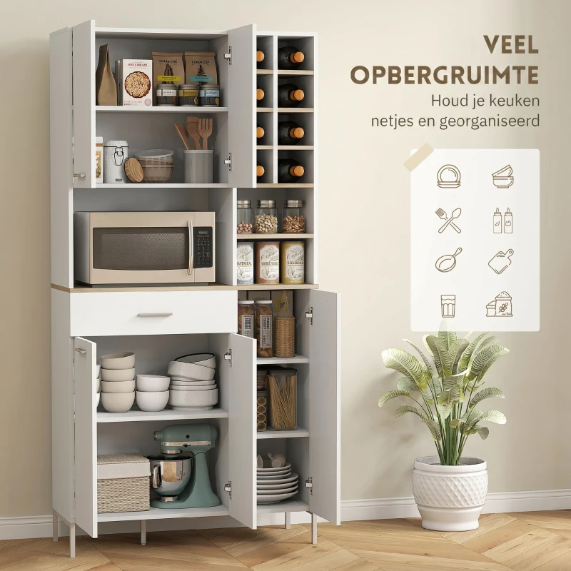 HOMCOM Keukenkast met open schappen, vakken, wijnrek, voorraadkast met 5 kastdeuren, MDF, Wit(m-4)