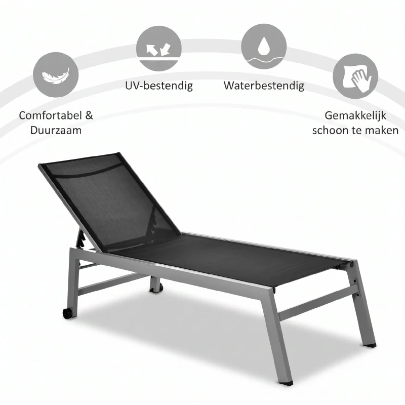 Outsunny Ligstoel tuinstoel 5-traps rugleuning aluminium zwart