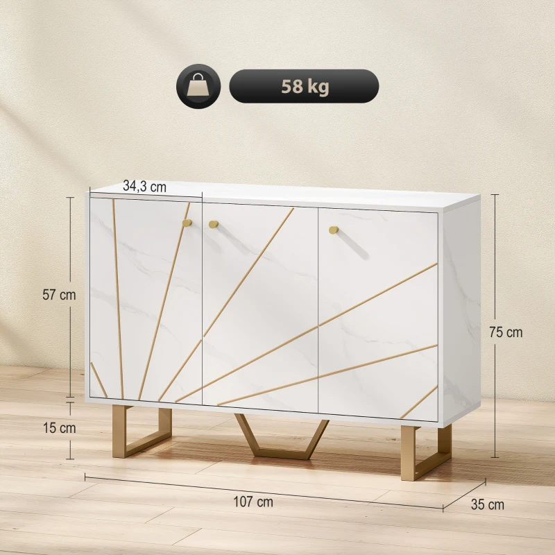 HOMCOM Móvel de Arrumação Buffet para Sala com 2 Armários 3 Portas e Prateleira Ajustável Pés em Metal Aspeto Mármore Branco