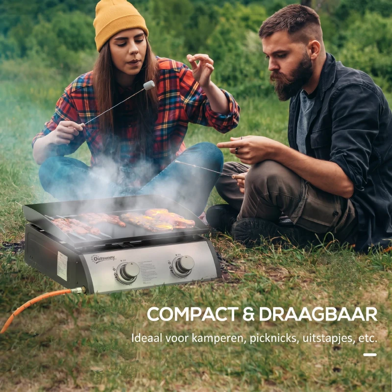 Outsunny tafelgrill gasgrill BBQ met 2 branders, tafelgasgrill met slang